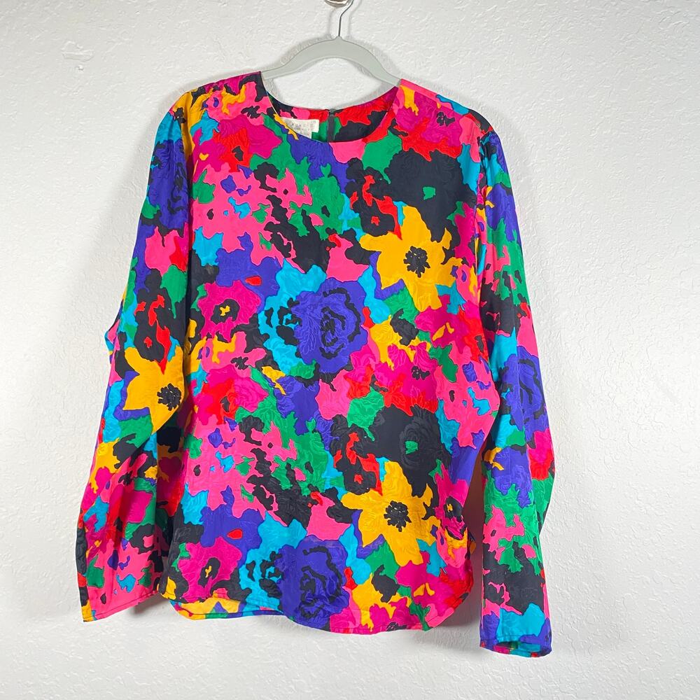 Flora Kung Womens Vintage Bold Color Abstract Print Silk Dolman Sleeve Top Large